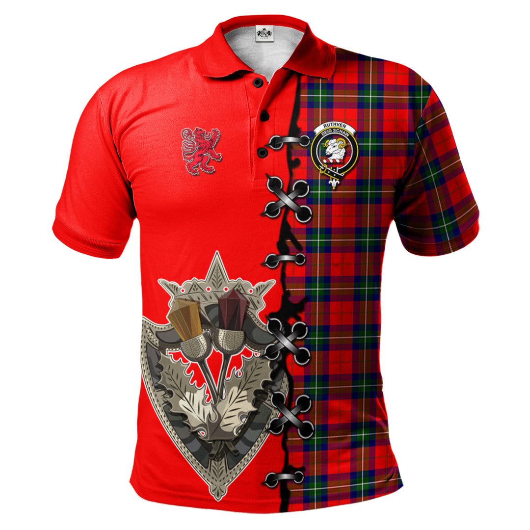 Ruthven Modern Tartan Polo Shirt - Lion Rampant And Celtic Thistle Style