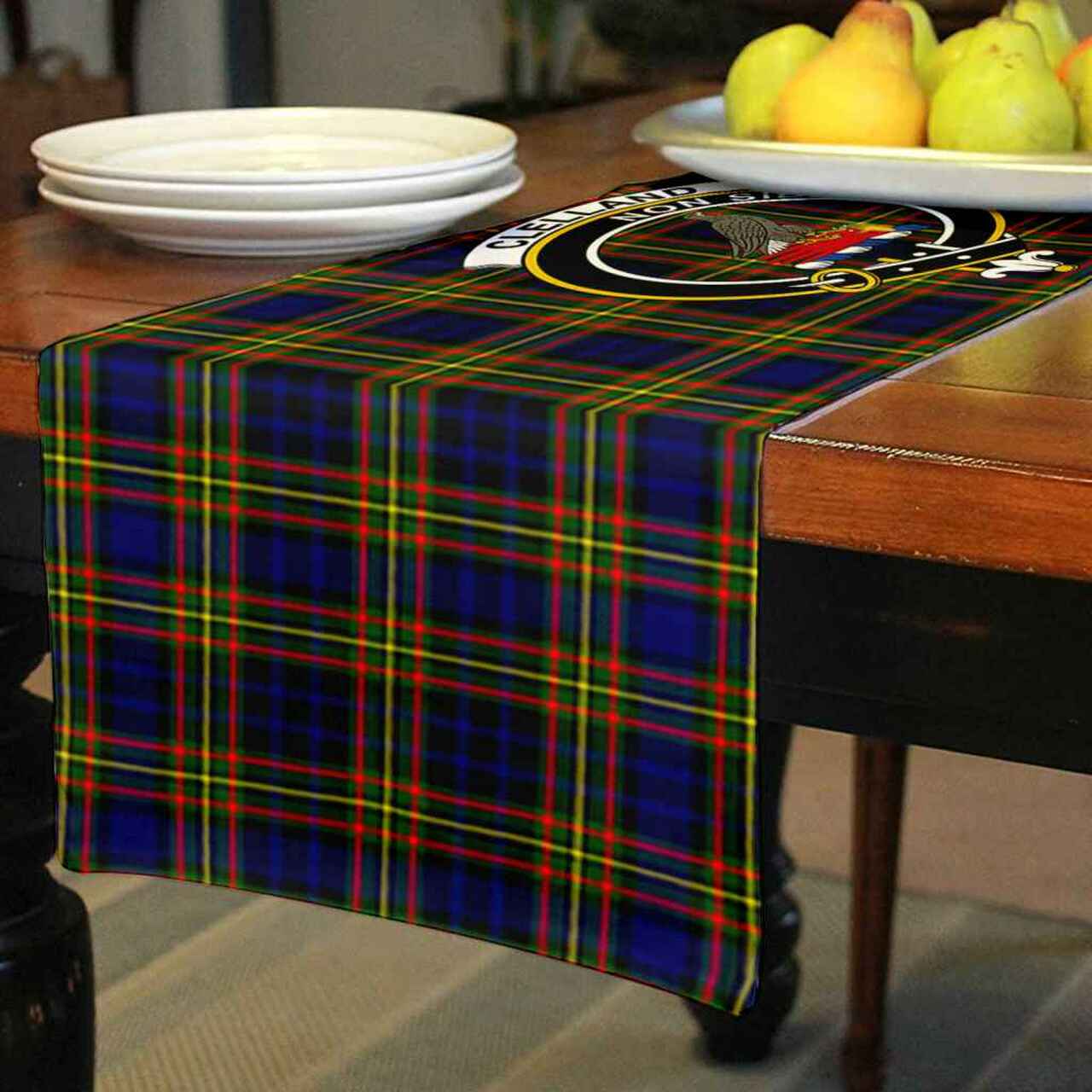 Clelland Tartan Crest Table Runner - Cotton table runner