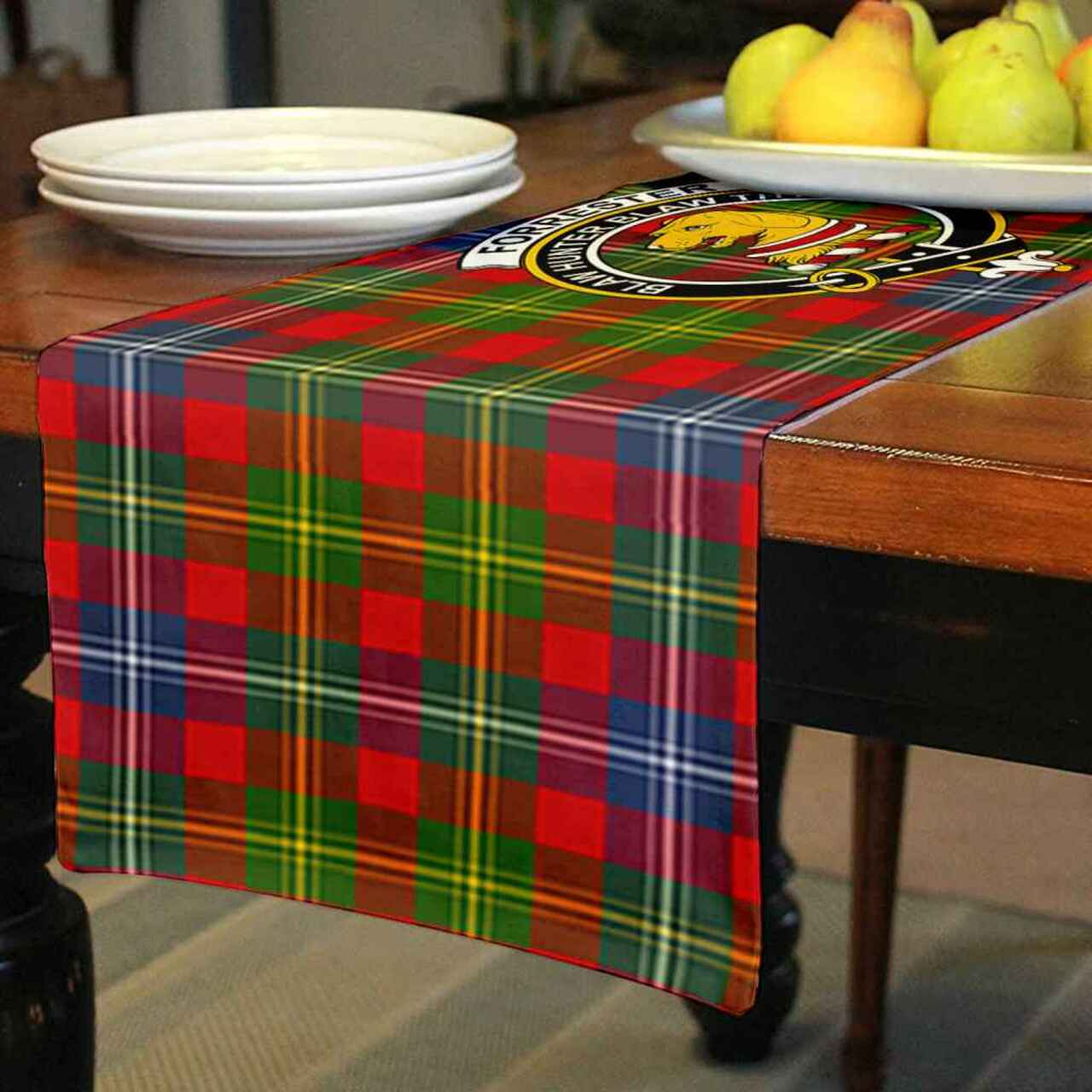 Forrester Tartan Crest Table Runner - Cotton table runner