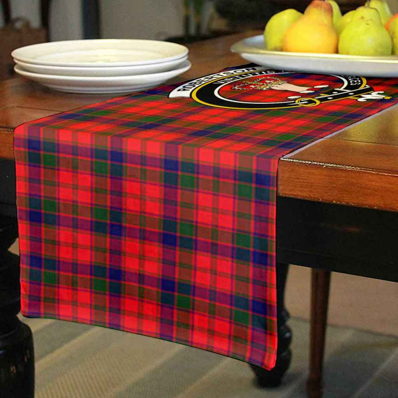 Robertson Tartan Crest Table Runner - Cotton table runner