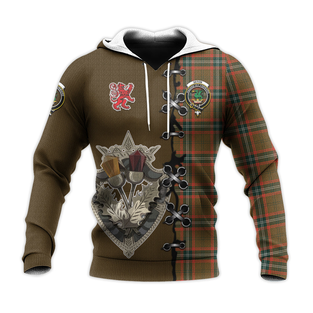 Seton Hunting Modern Tartan Hoodie - Lion Rampant And Celtic Thistle Style