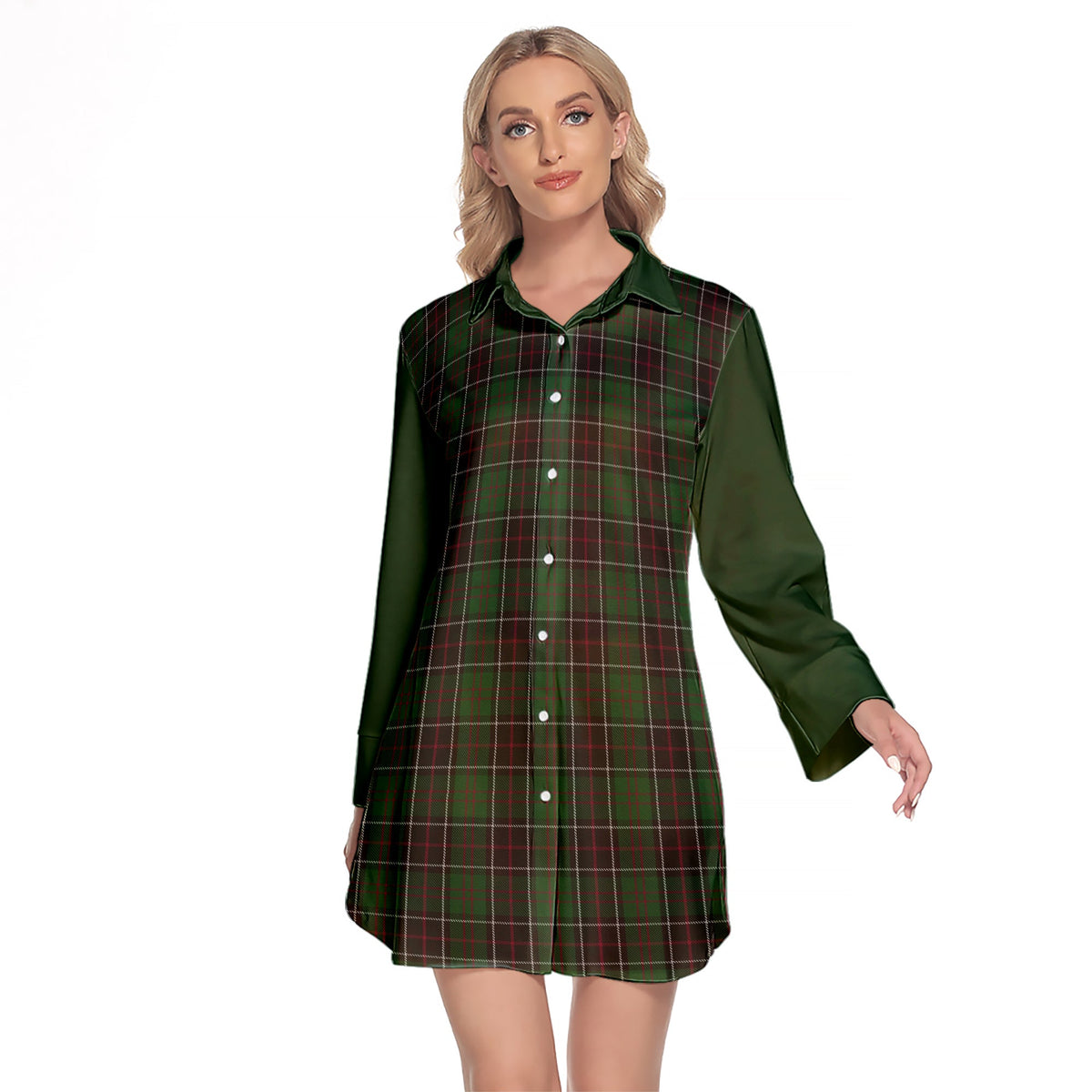 Sinclair Hunting Tartan Women's Lapel Shirt Dress With Long Sleeve