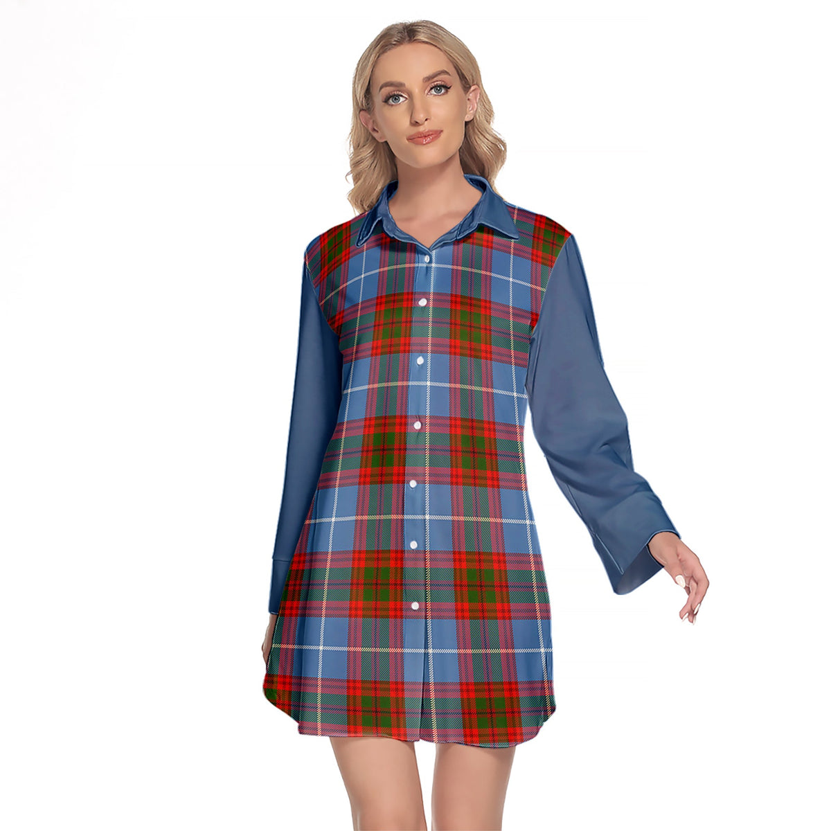 Skirving Tartan Women's Lapel Shirt Dress With Long Sleeve