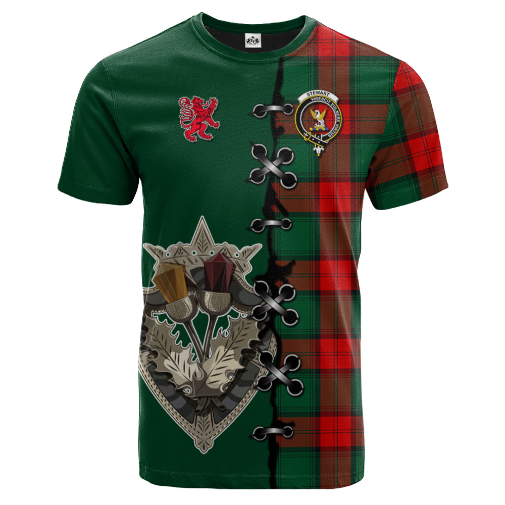 Stewart Atholl Modern Tartan T-shirt - Lion Rampant And Celtic Thistle Style