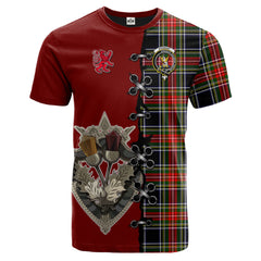 Stewart Black Tartan T-shirt - Lion Rampant And Celtic Thistle Style