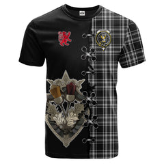 Stewart Black and White Tartan T-shirt - Lion Rampant And Celtic Thistle Style