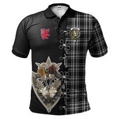 Stewart Black And White Tartan Polo Shirt - Lion Rampant And Celtic Thistle Style