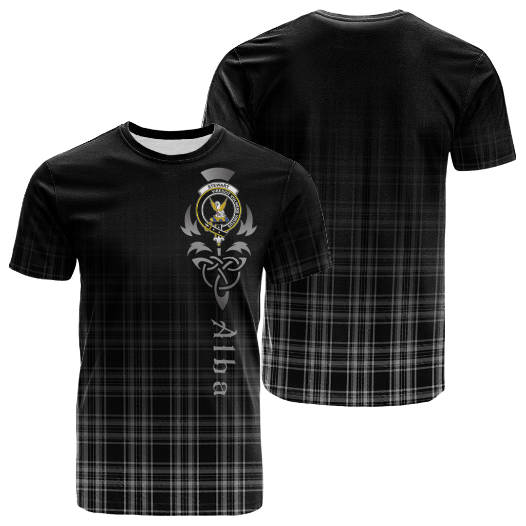 Stewart Black And White Tartan Crest T-shirt - Alba Celtic Style