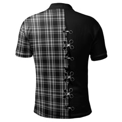 Stewart Black And White Tartan Polo Shirt - Lion Rampant And Celtic Thistle Style