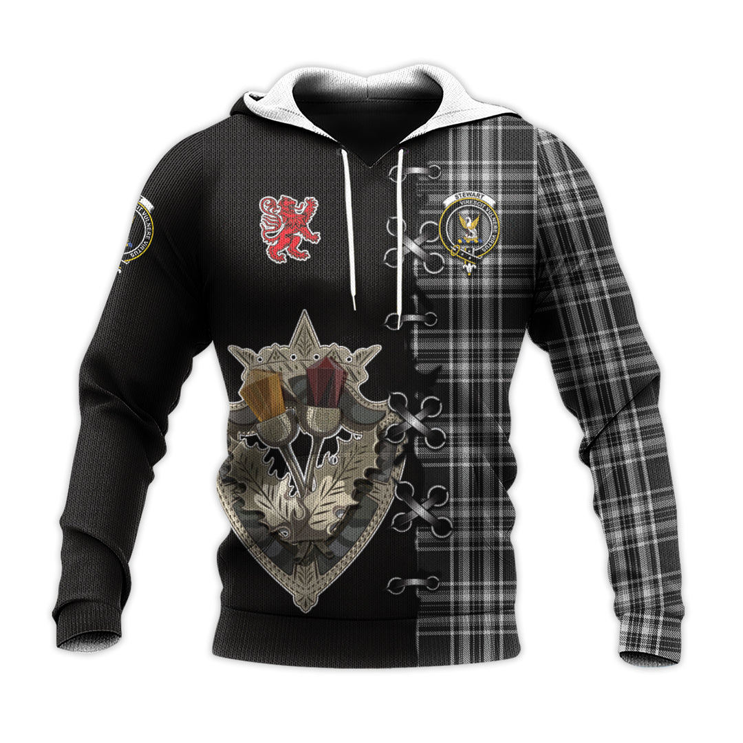 Stewart Black and White Tartan Hoodie - Lion Rampant And Celtic Thistle Style