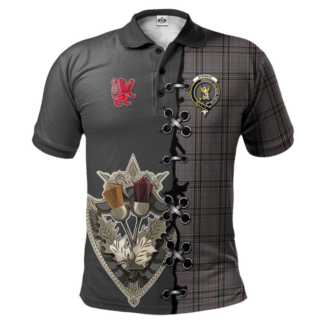 Stewart Grey Tartan Polo Shirt - Lion Rampant And Celtic Thistle Style