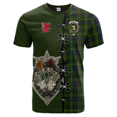 Stewart Hunting Tartan T-shirt - Lion Rampant And Celtic Thistle Style