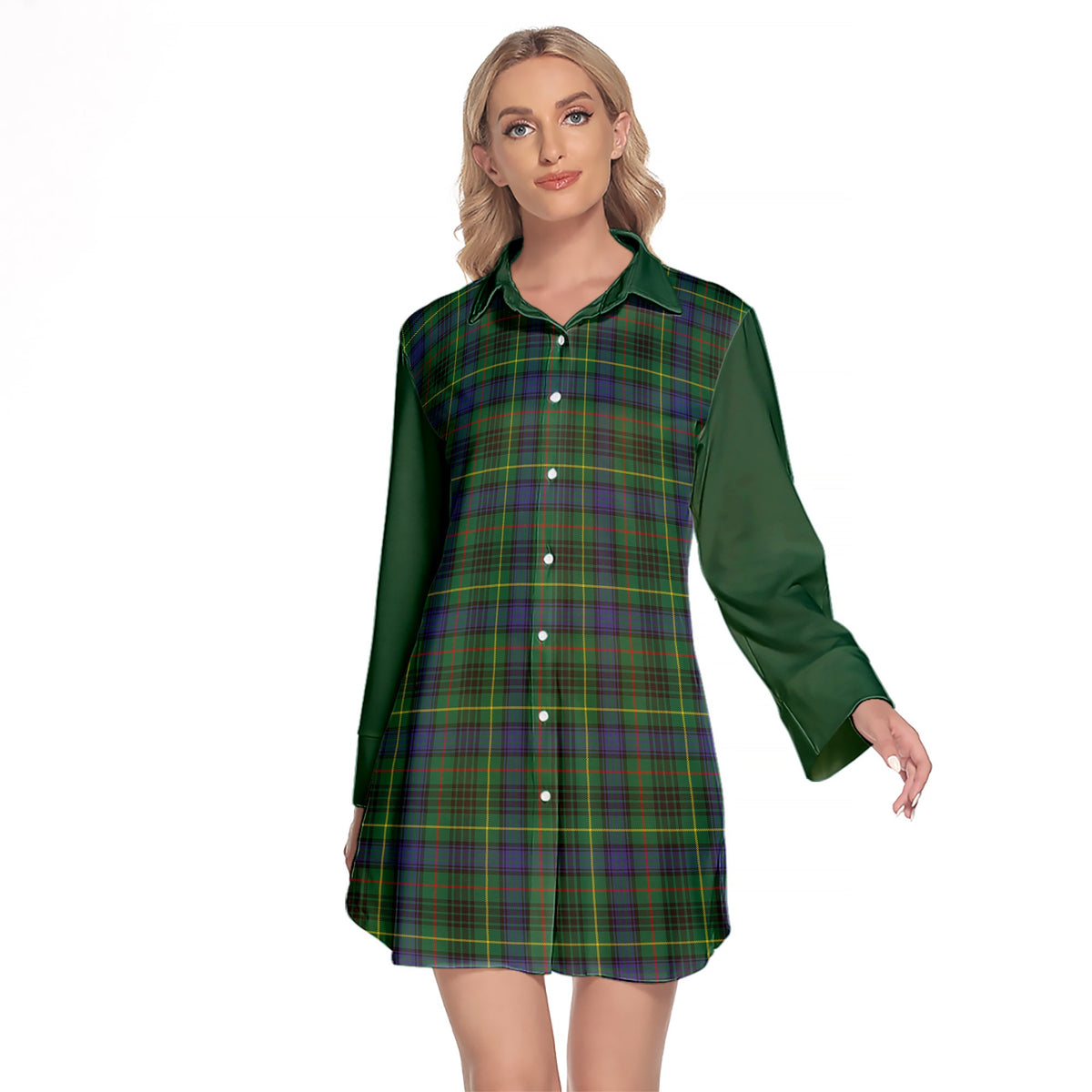 Stewart Hunting Modern Tartan Women's Lapel Shirt Dress With Long Sleeve