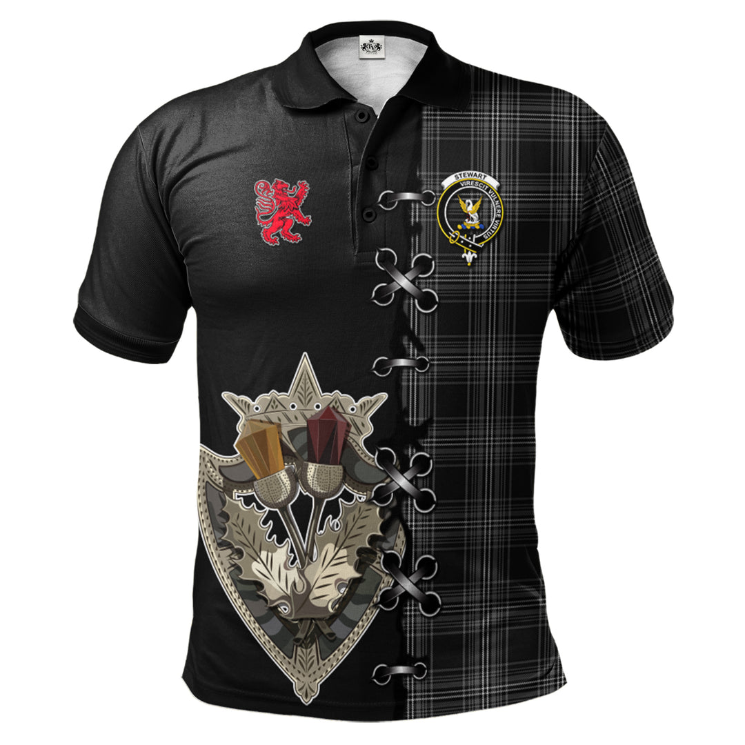 Stewart Mourning Tartan Polo Shirt - Lion Rampant And Celtic Thistle Style