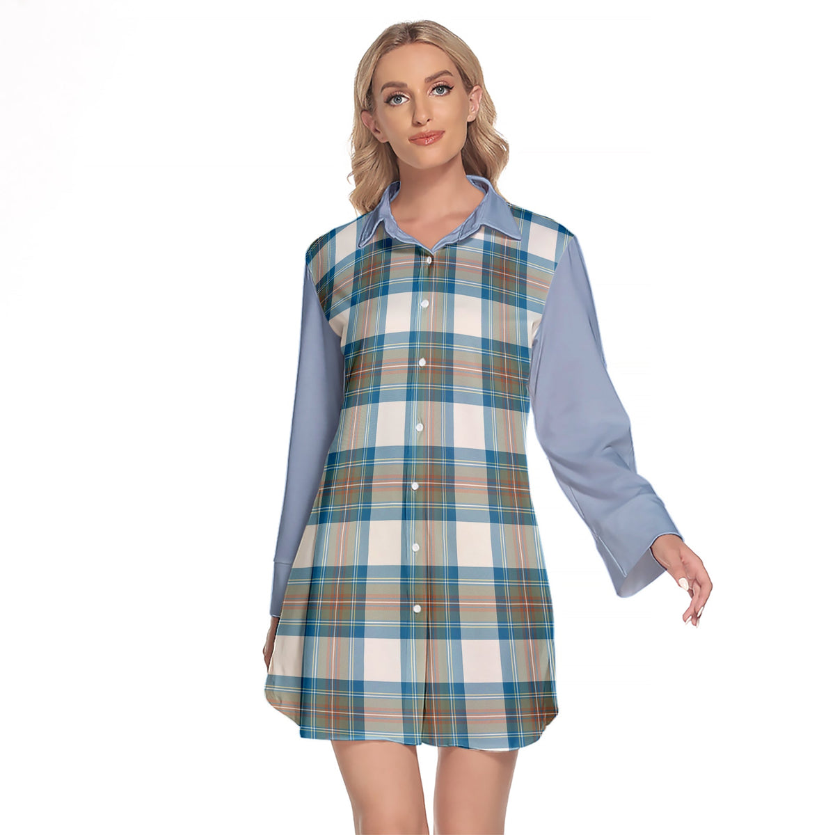 Stewart Muted Blue Tartan Women's Lapel Shirt Dress With Long Sleeve