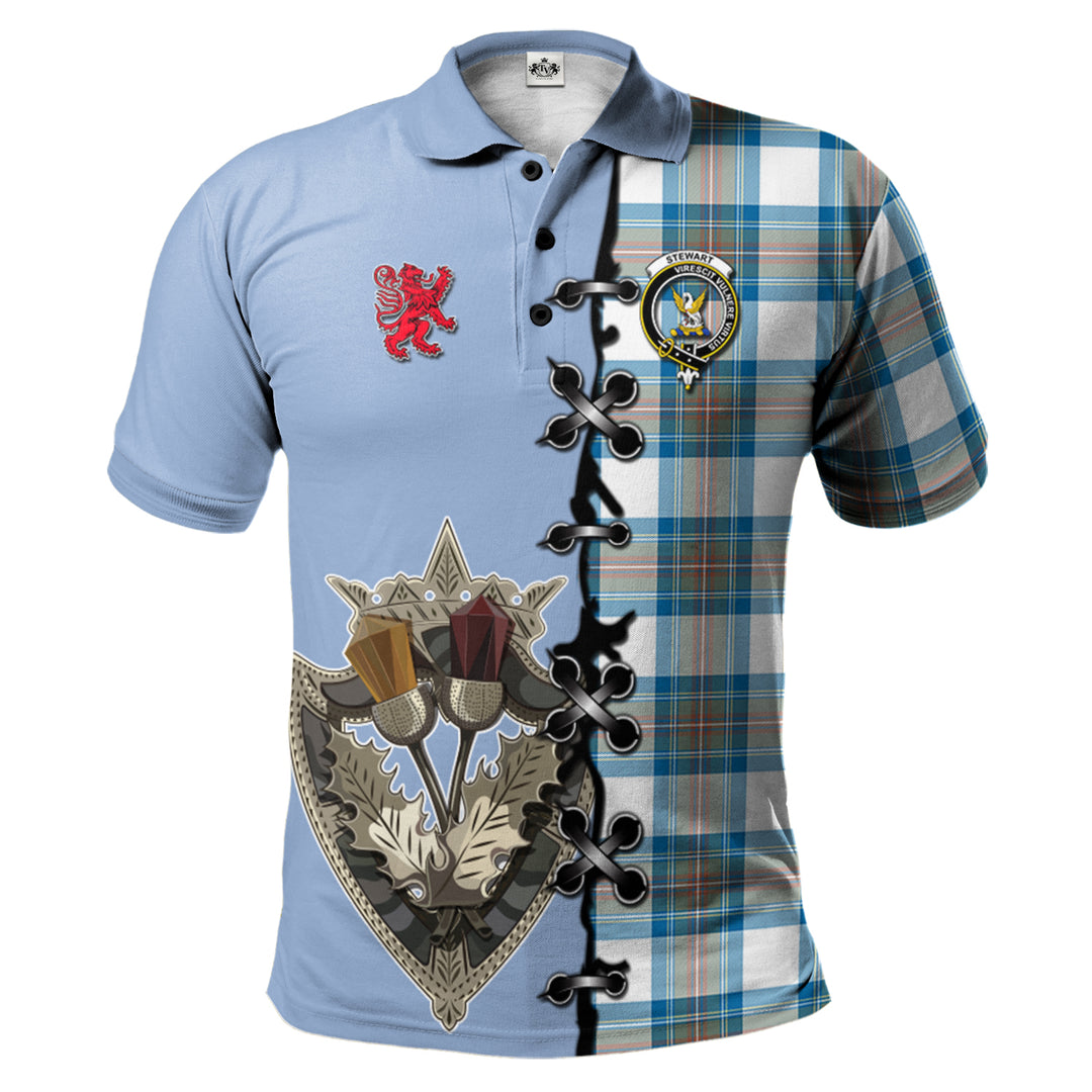 Stewart Muted Blue Tartan Polo Shirt - Lion Rampant And Celtic Thistle Style