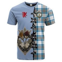 Stewart Muted Tartan T-shirt - Lion Rampant And Celtic Thistle Style