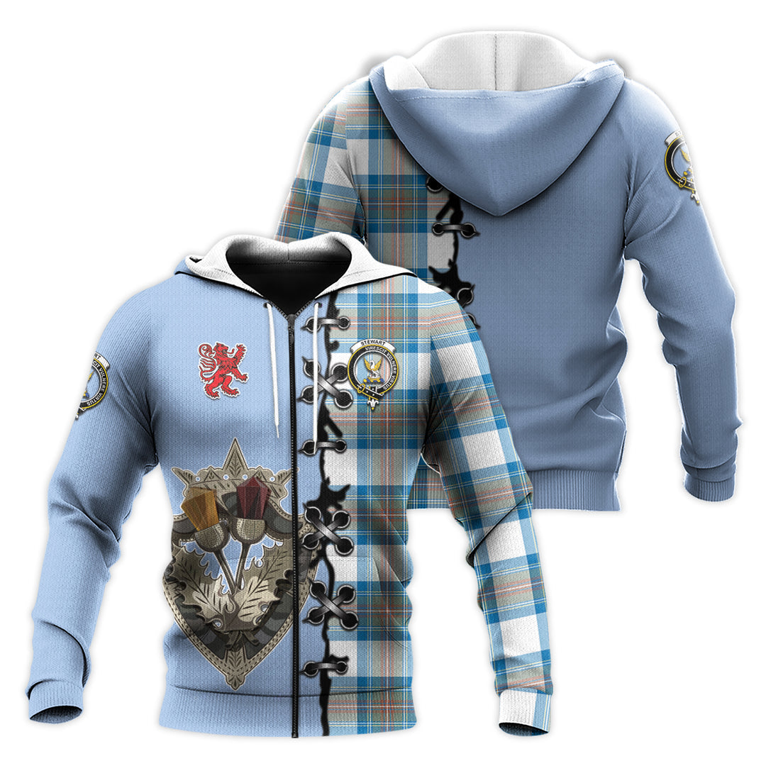 Stewart Muted Blue Tartan Hoodie - Lion Rampant And Celtic Thistle Style