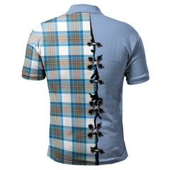 Stewart Muted Blue Tartan Polo Shirt - Lion Rampant And Celtic Thistle Style