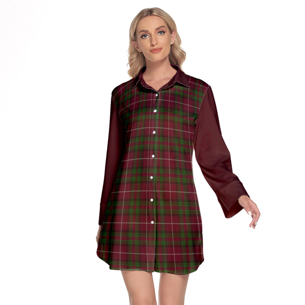 Stewart Of Bute Hunting Tartan Women's Lapel Shirt Dress With Long Sleeve