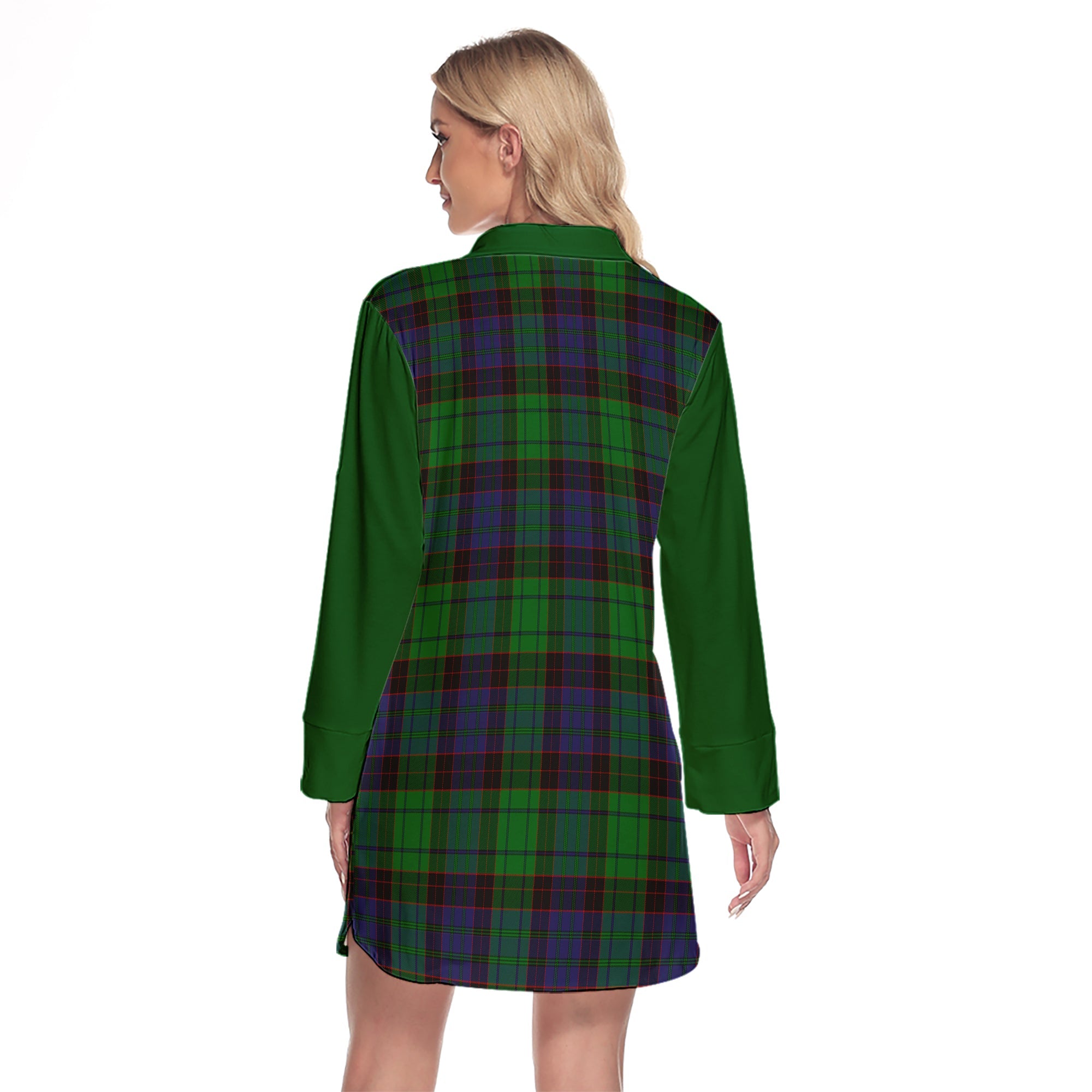 Stewart Old Modern Tartan Women's Lapel Shirt Dress With Long Sleeve