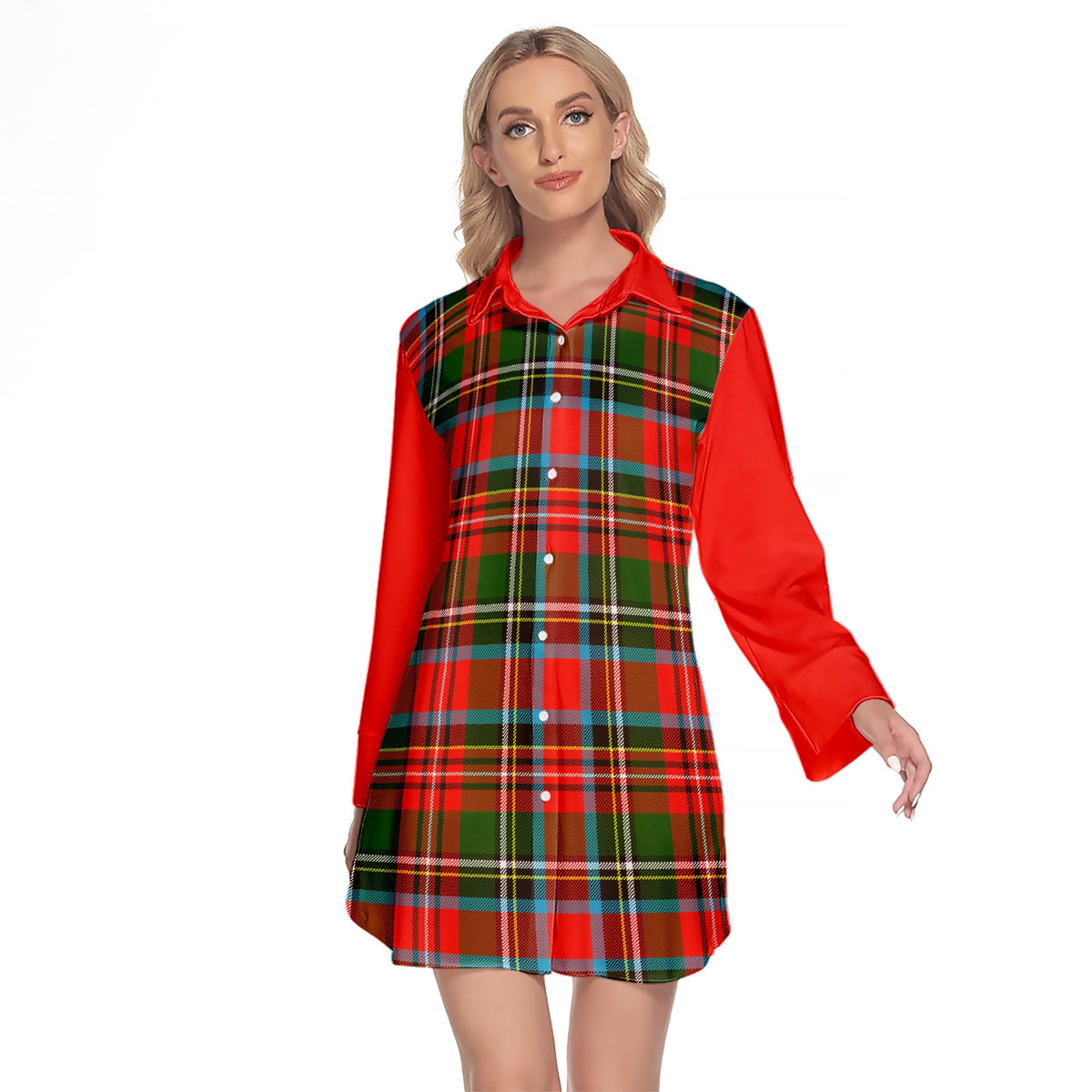 Stewart Royal Tartan Women's Lapel Shirt Dress With Long Sleeve