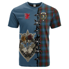 Stewart Royal Blue Tartan T-shirt - Lion Rampant And Celtic Thistle Style