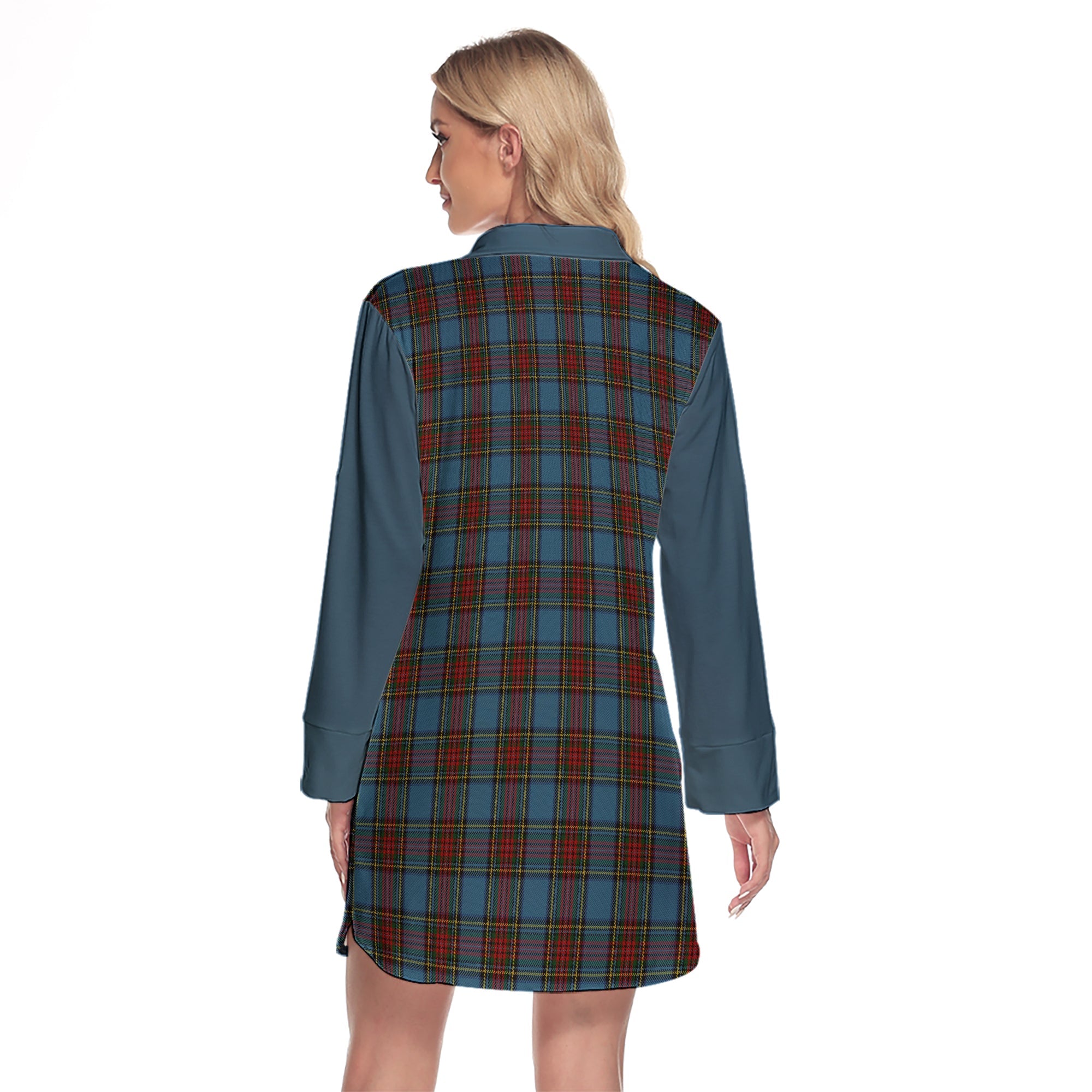 Stewart Royal Blue Tartan Women's Lapel Shirt Dress With Long Sleeve