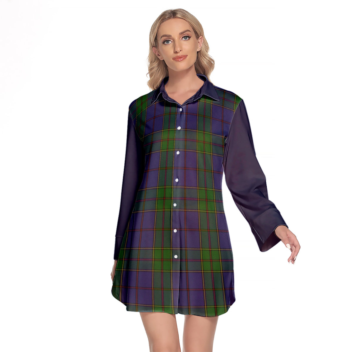 Strachan Tartan Women's Lapel Shirt Dress With Long Sleeve