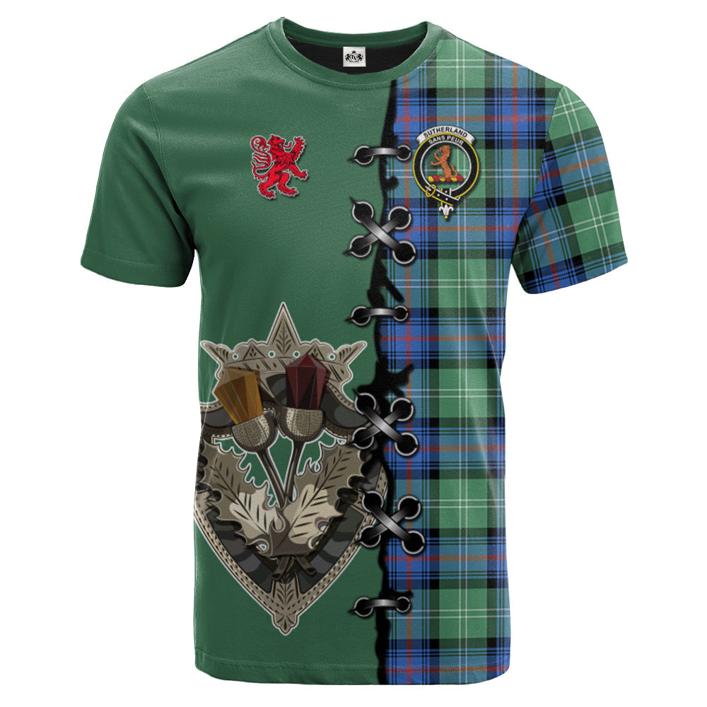 Sutherland Ancient Tartan T-shirt - Lion Rampant And Celtic Thistle Style