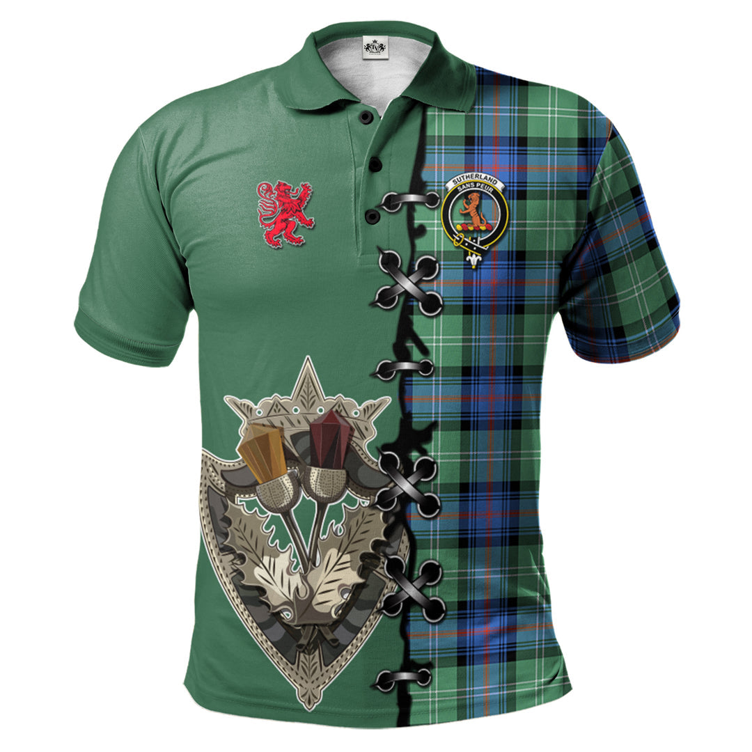 Sutherland Ancient Tartan Polo Shirt - Lion Rampant And Celtic Thistle Style