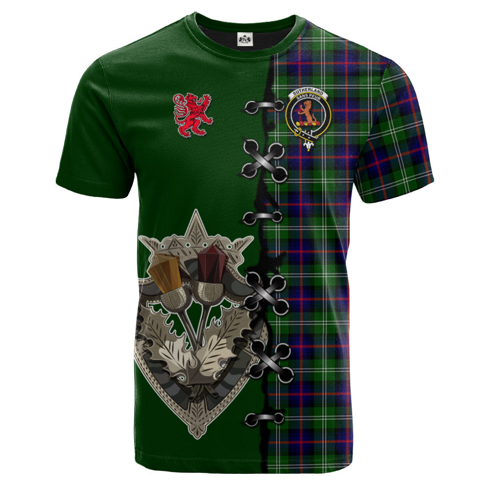 Sutherland Modern Tartan T-shirt - Lion Rampant And Celtic Thistle Style