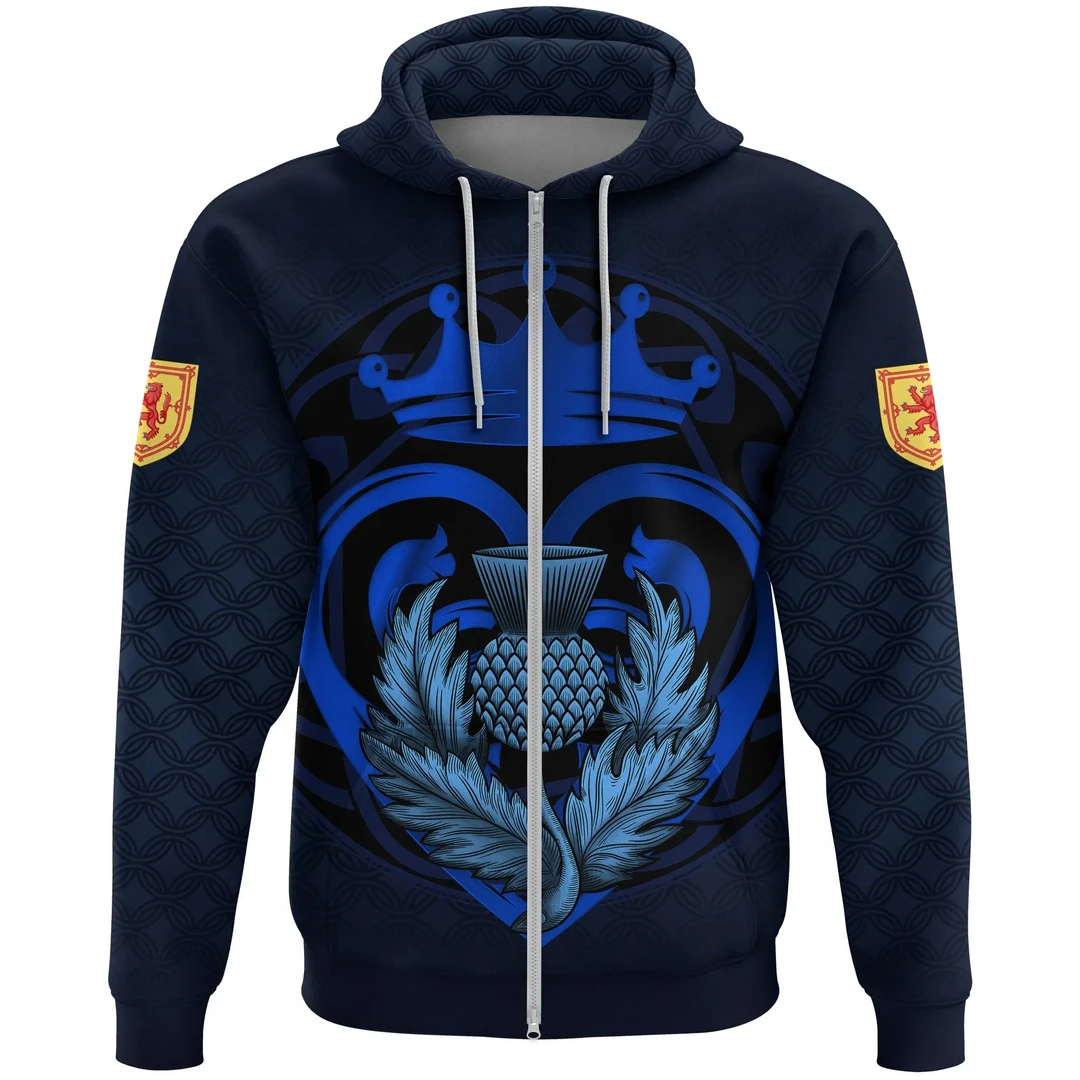 Scots Print Zipper Hoodie - Blue Luckenbooth Thistle And Lion Style Zipper Hoodie