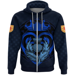 Scots Print Zipper Hoodie - Blue Luckenbooth Thistle And Lion Style Zipper Hoodie