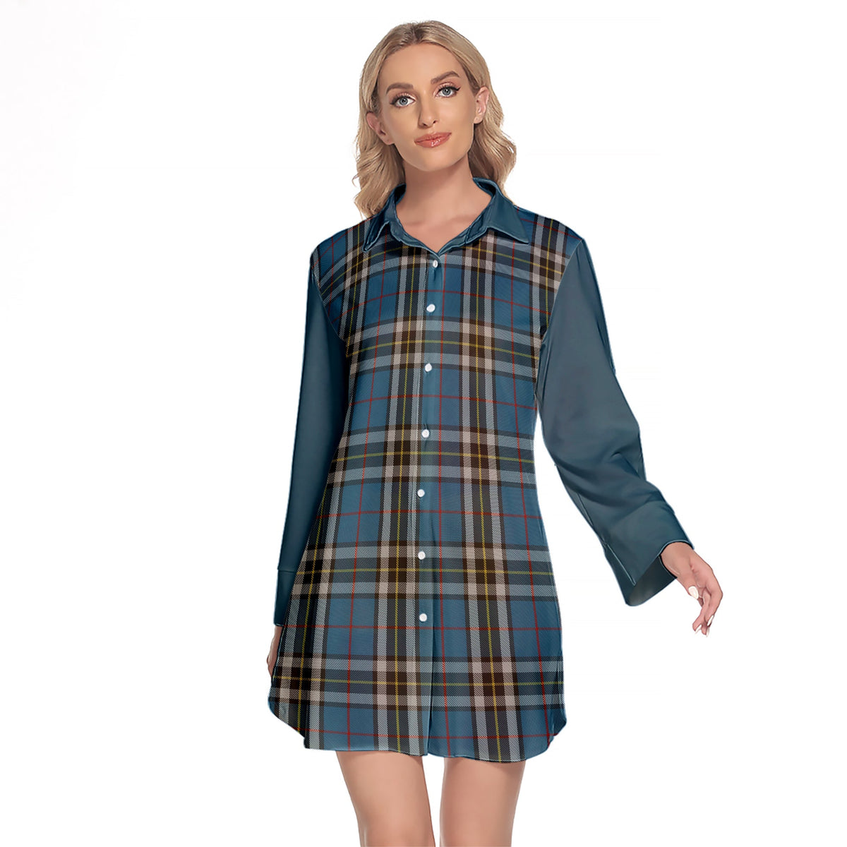 Thomson Dress Blue Tartan Women's Lapel Shirt Dress With Long Sleeve