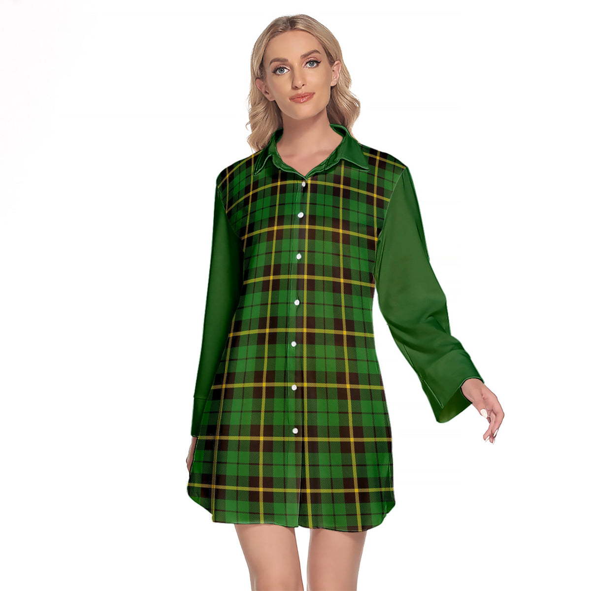 Wallace Hunting Green Tartan Women's Lapel Shirt Dress With Long Sleeve